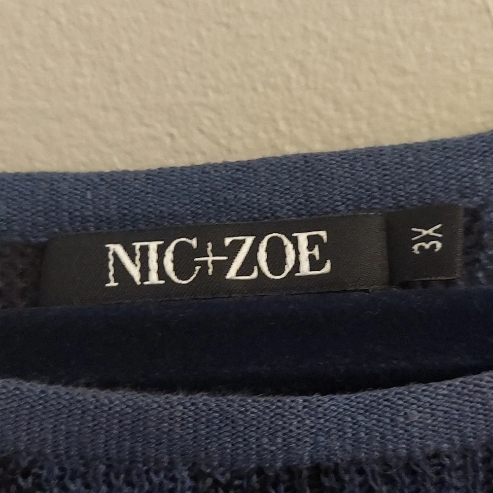 NIC+ZOE Navy Striped Boatneck Linen Pullover Longline Fringed Sweater 3X Boho